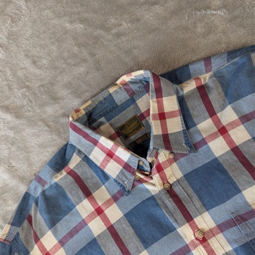 Vintage Evergreen Flannel Shirt Mens XXL Blue Red Plaid Button Down Cotton 2XL